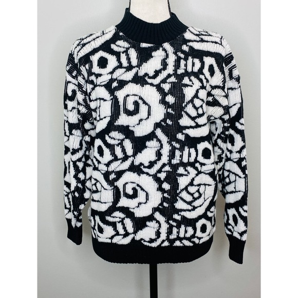 Vintage 80s Black White Sweater Women Medium Casual Preppy Retro Bold Floral - Picture 2 of 7